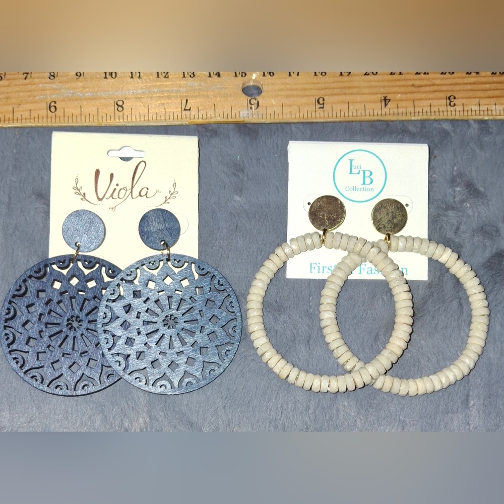 2pairs Chunky Boho Earrings Wooden Laser Cut And Open Circle - Picture 3 of 5